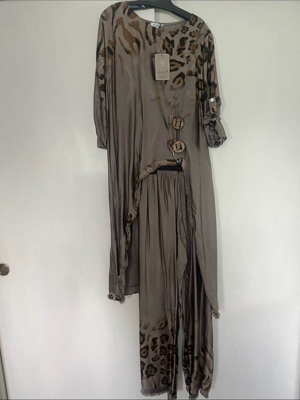 Light Taupe Animal-Print Maxi Dress with Accent Buttons